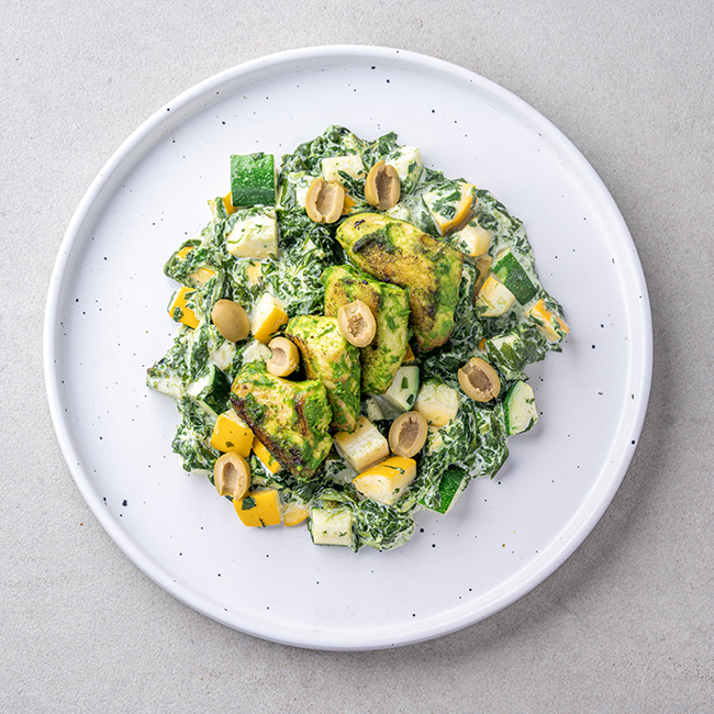 Olive & Pesto Baked Fish With Creamy Zucchini Spinach Medley